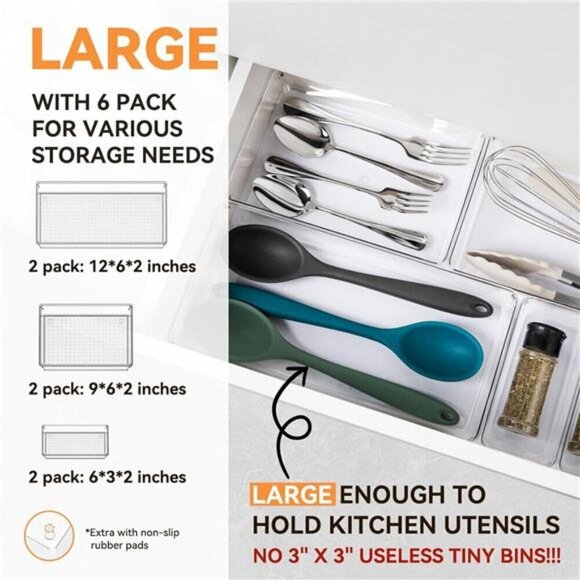 6 Pack Clear Plastic Drawer Organizer Trays Acrylic Storage Bins Kitchen Bathroo - Picture 2 of 7